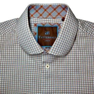 Tattersall London Cotton Check Dress Shirt in Cream/Brown/Navy Men’s 16-32/33